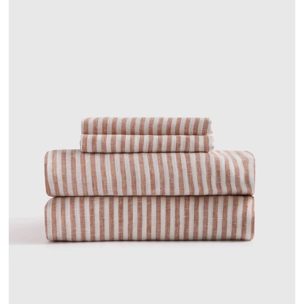 NEW QUINCE EUROPEAN LINEN SHEET SET 4 terra-cotta WHITE STRIPE KING MSRP $500